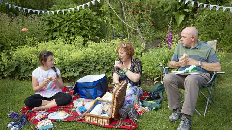 Visitors enjoying a picnic in a summer garden